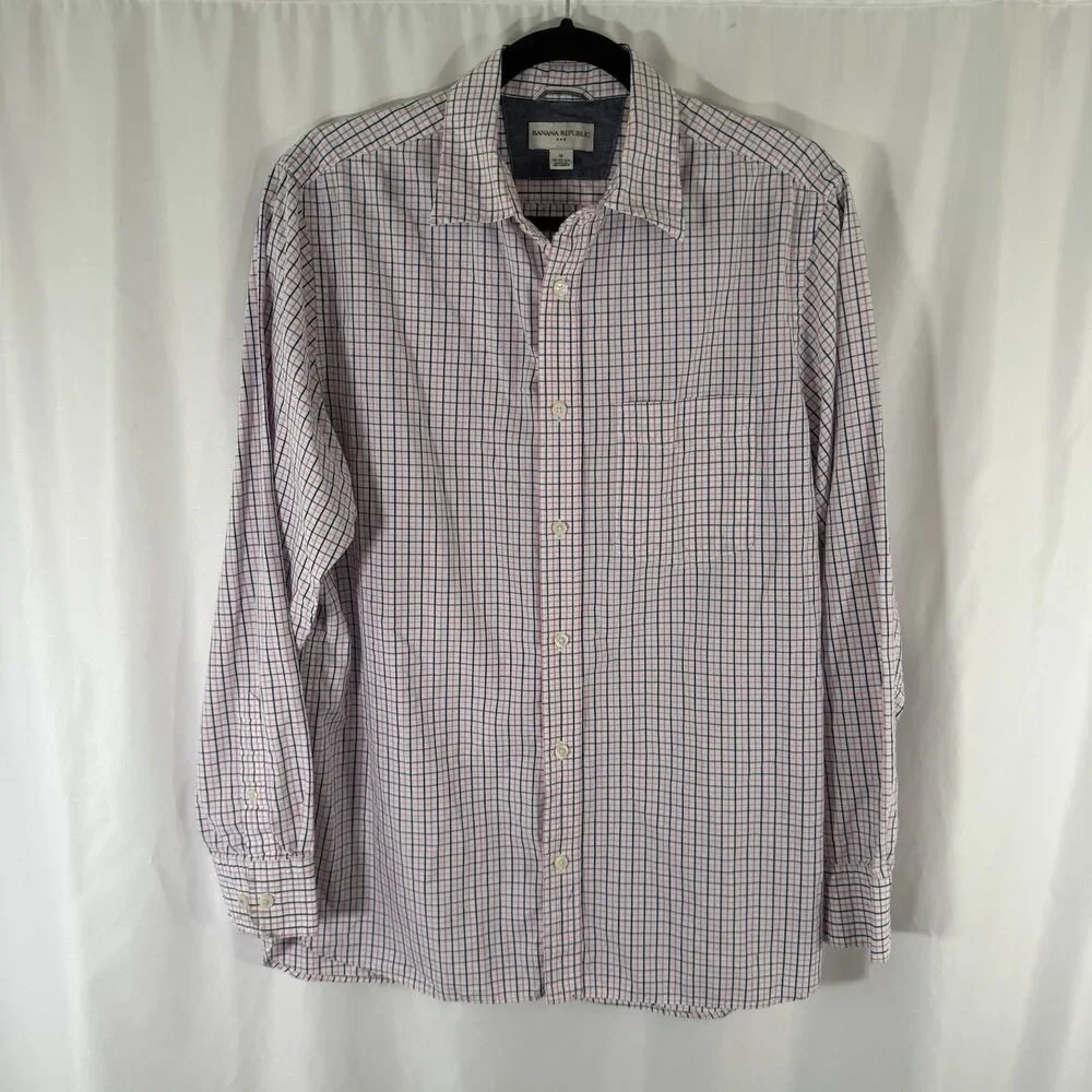 Banana Republic Dress Shirt Men's Medium 15.5 White Pink Plaid Button Up Long Sl